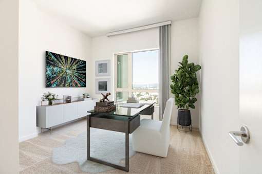A modern room with a glass table and a white chair at The Grand Apartments, Oakland 94612